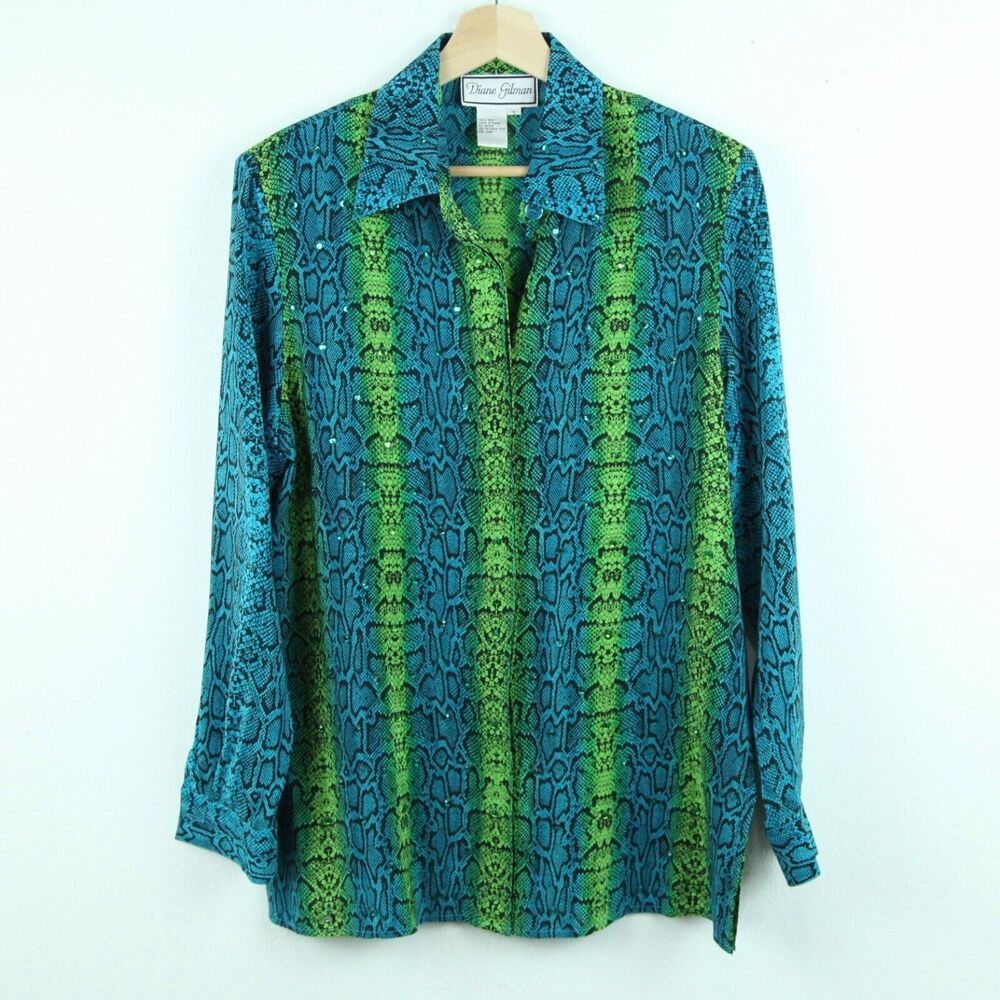 Vintage Small Blouse 100% Silk Snake Print Sequins Maximalist Multicolor Resort